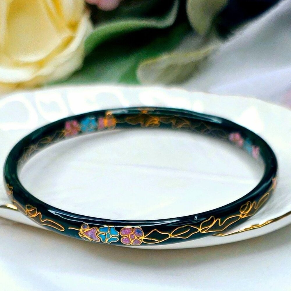 Vintage Deep Green Cloisenne Handpainted Large Bracelet